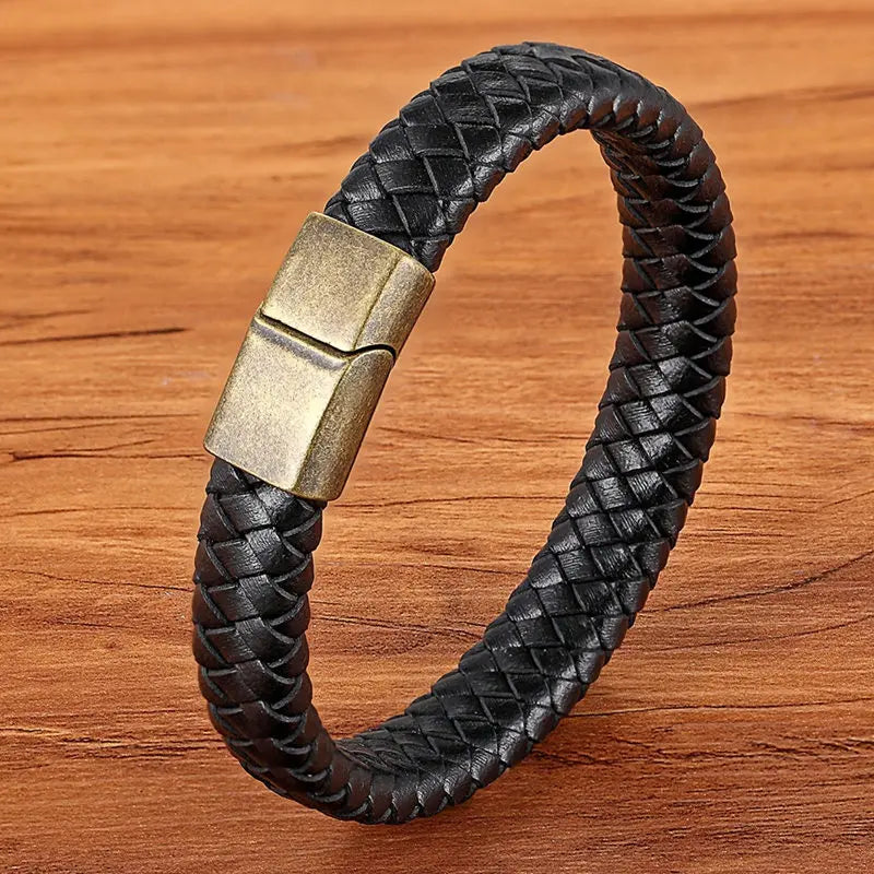 TYO Magnetic Black Leather Bracelet - Braided Punk Rock Men's