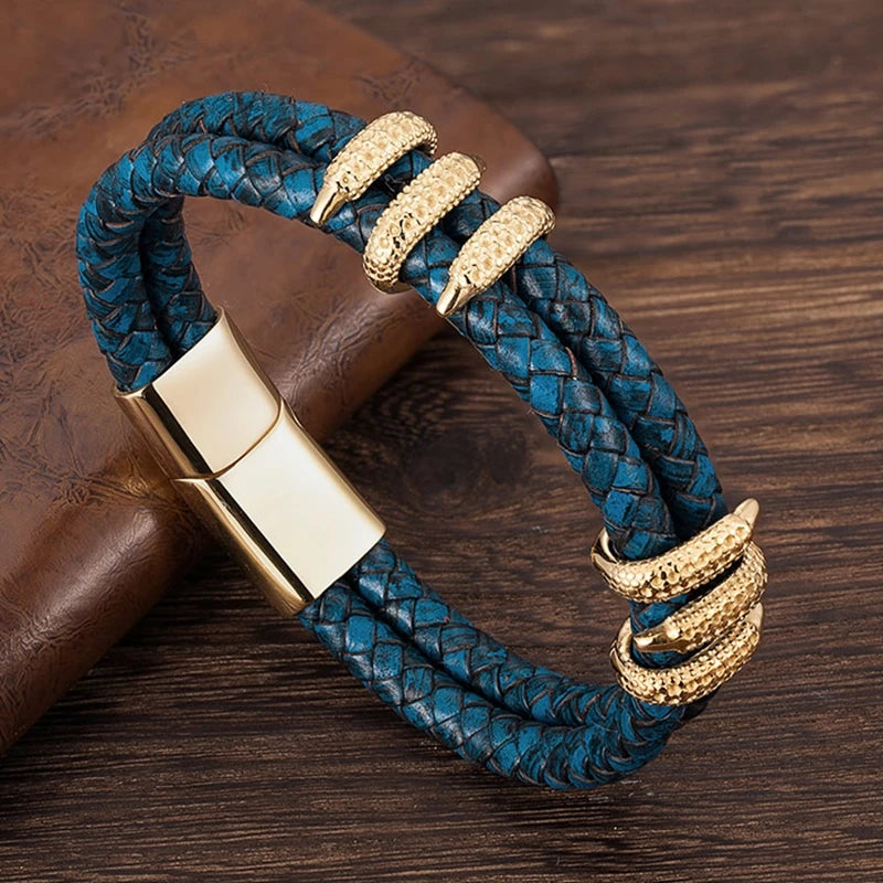 MKENDN Punk Blue Braided Leather Bracelet - Dragon Claw Men's