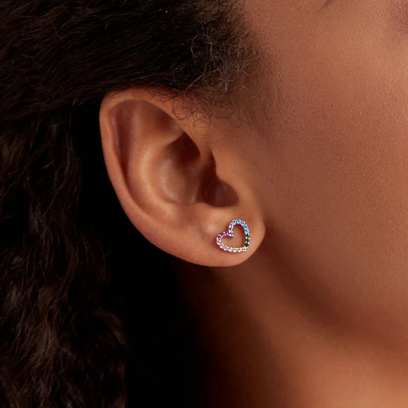 WOSTU 925 Silver Rainbow Zircon Heart Earrings - Colorful