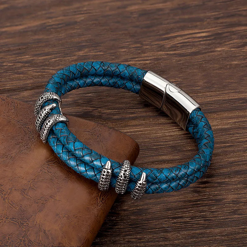 MKENDN Punk Blue Braided Leather Bracelet - Dragon Claw Men's