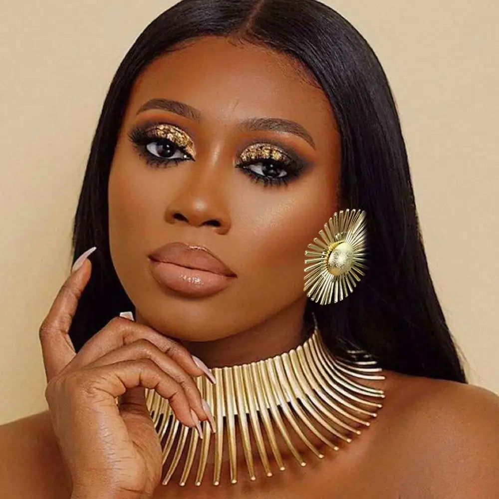 KDLUN Africa Jewelry Set - Gold Torque Choker Necklace Earrings