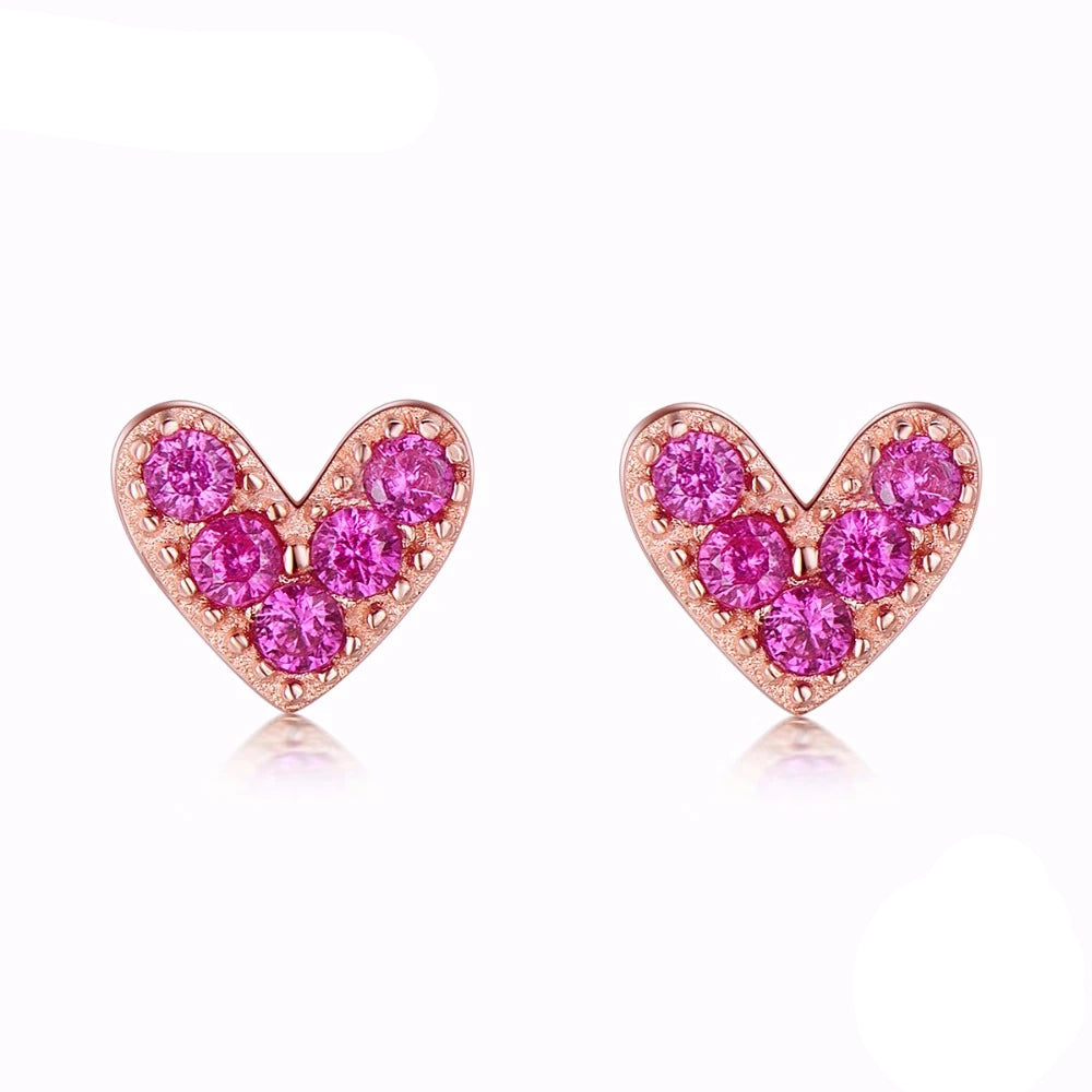 Modian 925 Silver Heart Earrings - Rose Gold Pink CZ Simple