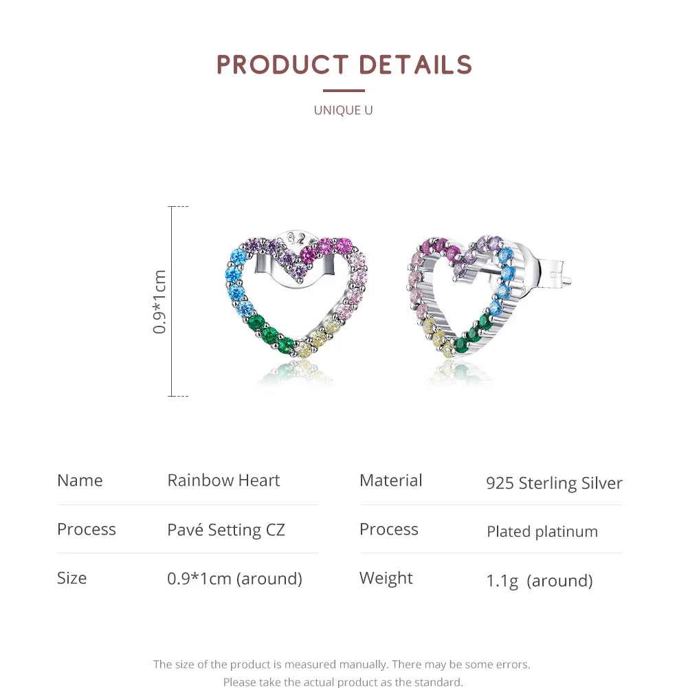 WOSTU 925 Silver Rainbow Zircon Heart Earrings - Colorful