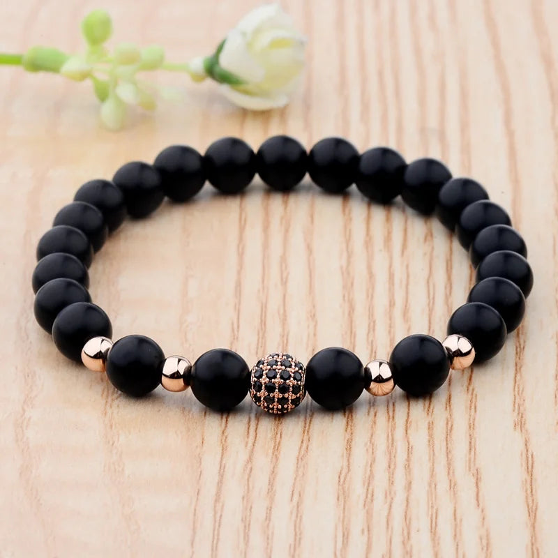 Luxury Natural Stone Yoga Bracelet - Micro Pave CZ Ball Matte