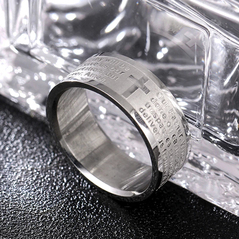 Christian Cross Bible Ring - Titanium Steel Engraved