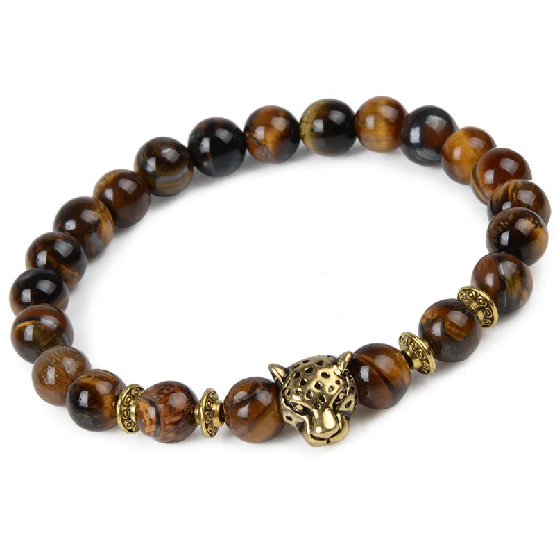 Tiger Eye Lion Head Bracelet - Leopard Owl Buddha Skull Charm