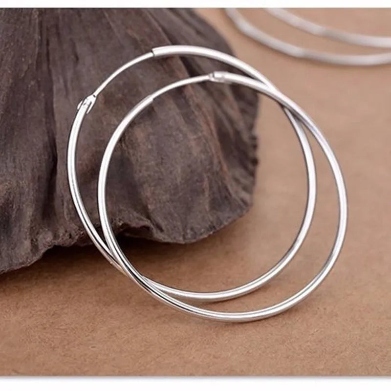 925 Sterling Silver Big Hoop Earrings - Round Circle