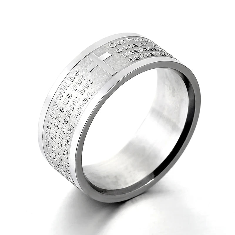 Christian Cross Bible Ring - Titanium Steel Engraved