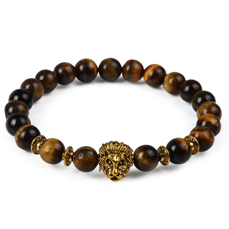 Tiger Eye Lion Head Bracelet - Leopard Owl Buddha Skull Charm