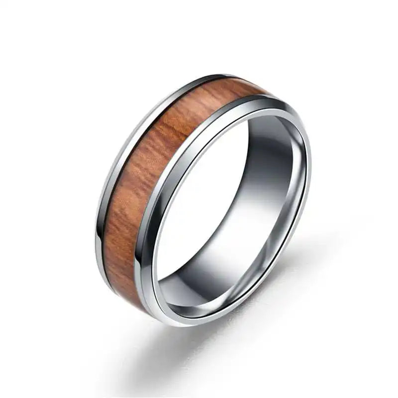 Koa Wood Inlay Ring - 8mm Stainless Steel Band