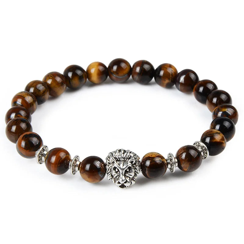 Tiger Eye Lion Head Bracelet - Leopard Owl Buddha Skull Charm