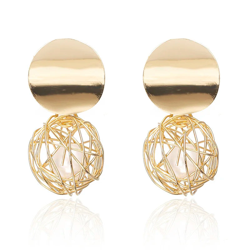 Trendy Twist Wire Ball Dangle Earrings - Golden Geometric