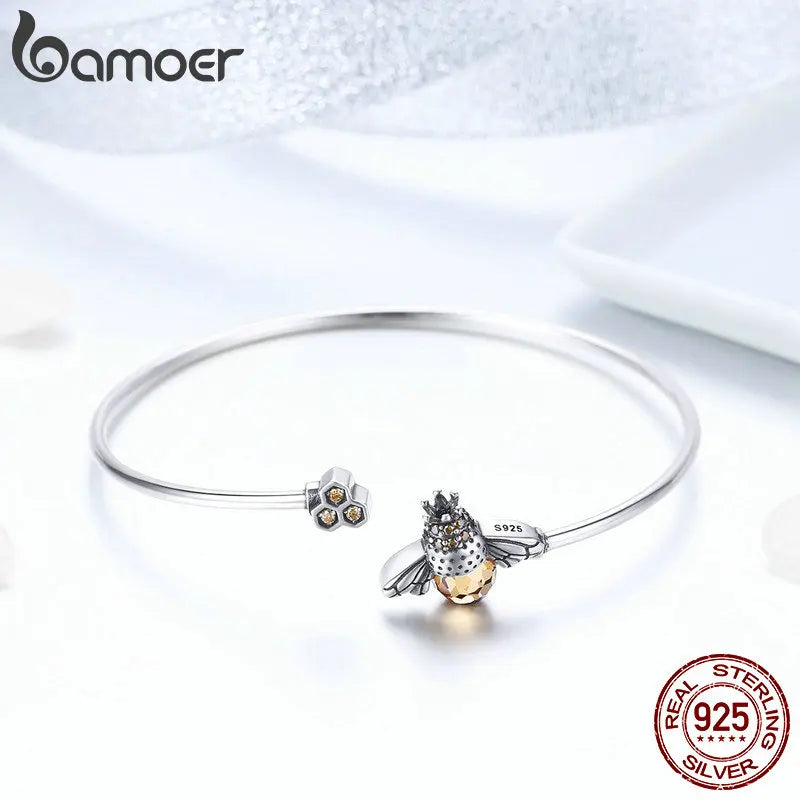 BAMOER 925 Silver Yellow Bee Bangle - Crystal Cute Insect