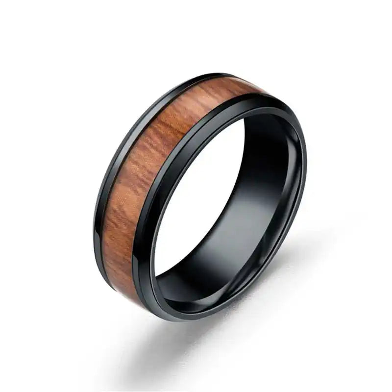 Koa Wood Inlay Ring - 8mm Stainless Steel Band