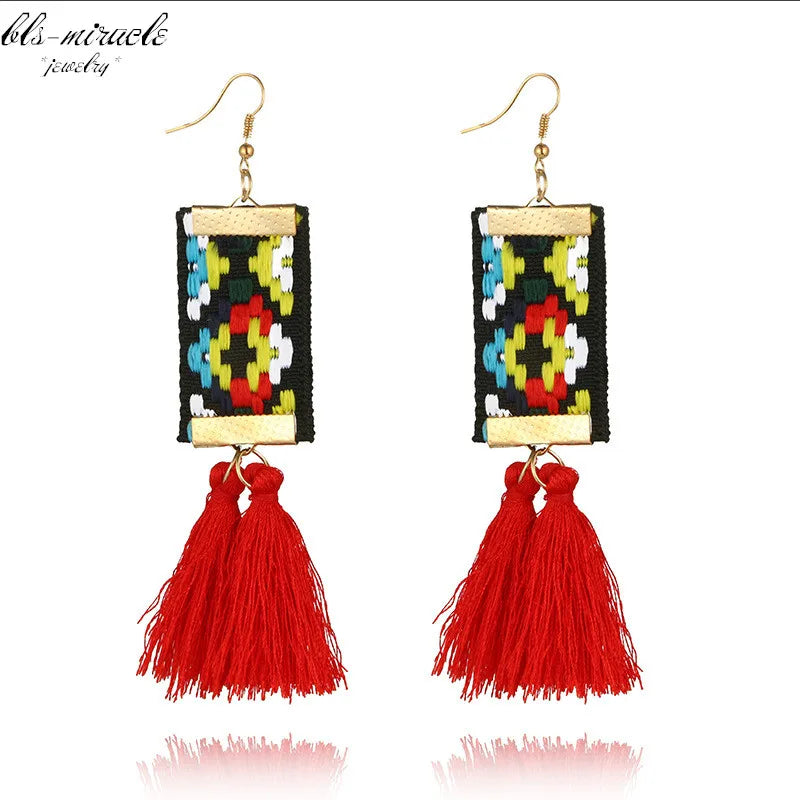 Bls-miracle Bohemian Tassel Earrings - Ethnic Rectangle Ribbon