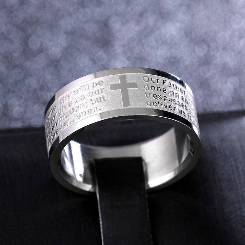 Christian Cross Bible Ring - Titanium Steel Engraved