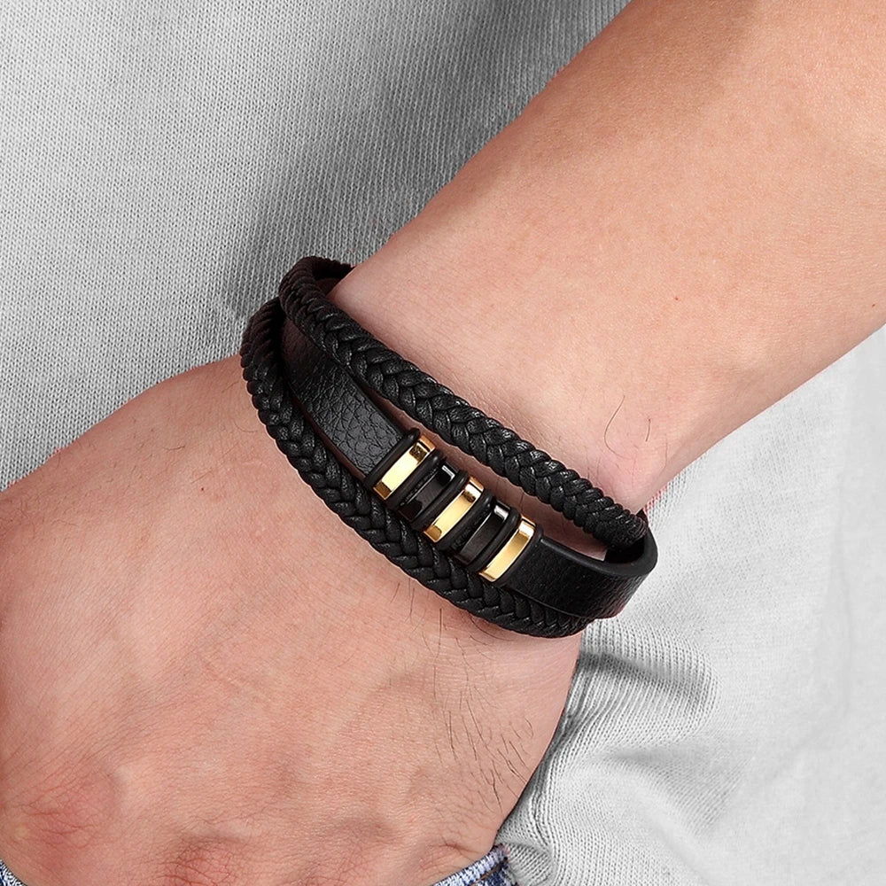 TYO Magnetic Black Leather Bracelet - Braided Punk Rock Men's