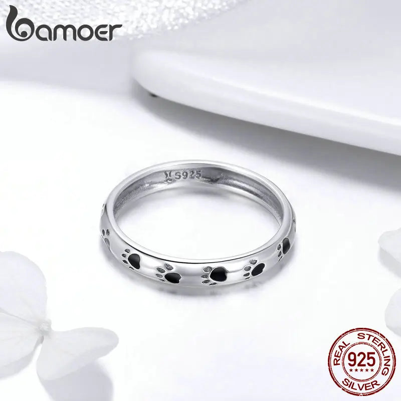 BAMOER 925 Silver Paw Print Ring - Dog Cat Footprints