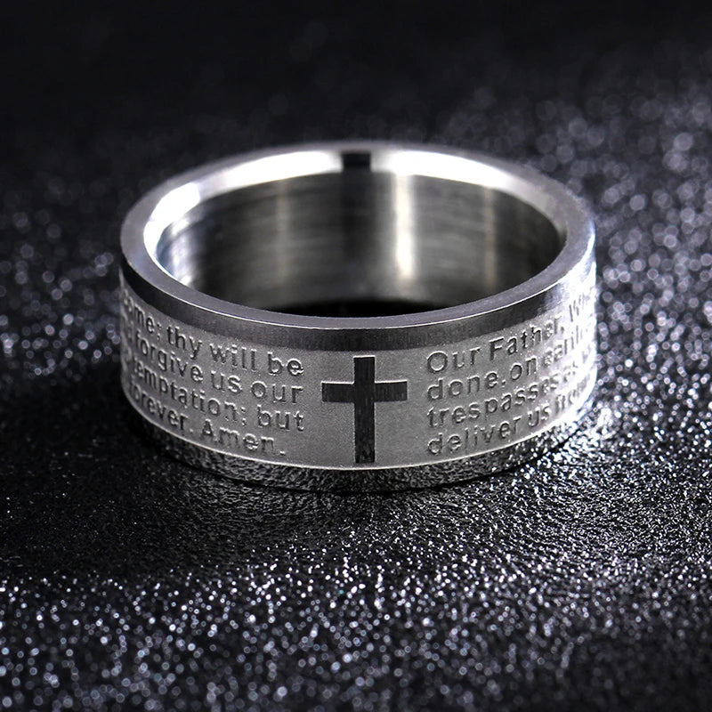 Christian Cross Bible Ring - Titanium Steel Engraved