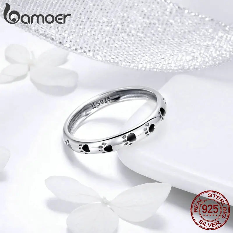 BAMOER 925 Silver Paw Print Ring - Dog Cat Footprints