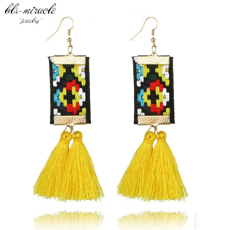 Bls-miracle Bohemian Tassel Earrings - Ethnic Rectangle Ribbon