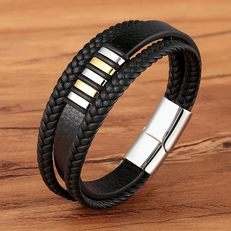 TYO Magnetic Black Leather Bracelet - Braided Punk Rock Men's
