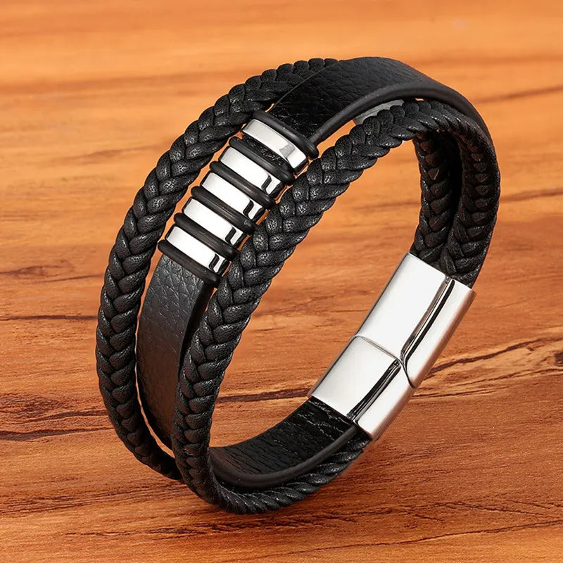 TYO Magnetic Black Leather Bracelet - Braided Punk Rock Men's