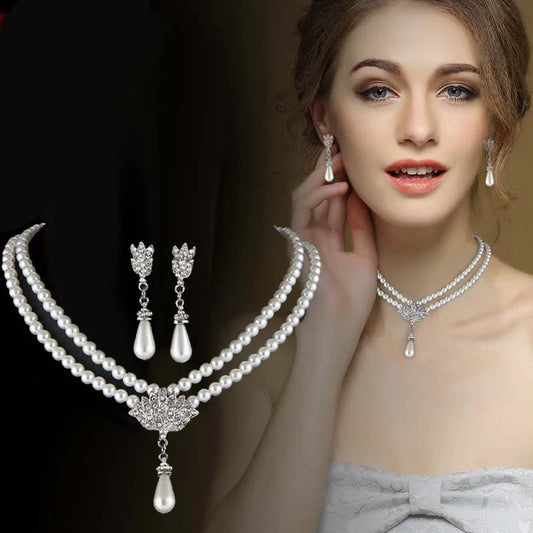 TREAZY Pearl Bridal Jewelry Set - Necklace & Earrings