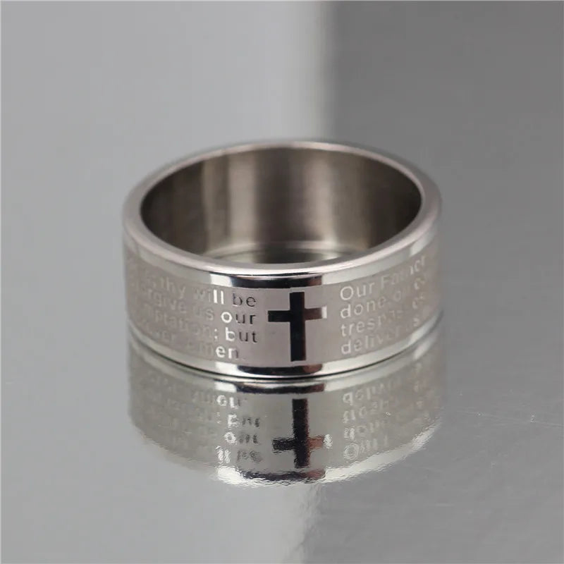 Christian Cross Bible Ring - Titanium Steel Engraved