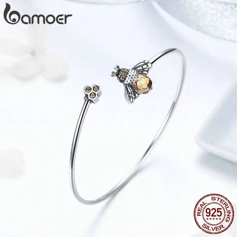 BAMOER 925 Silver Yellow Bee Bangle - Crystal Cute Insect