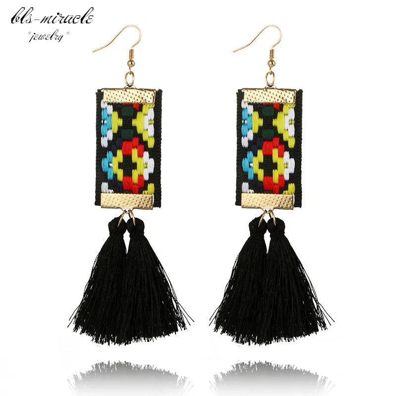 Bls-miracle Bohemian Tassel Earrings - Ethnic Rectangle Ribbon