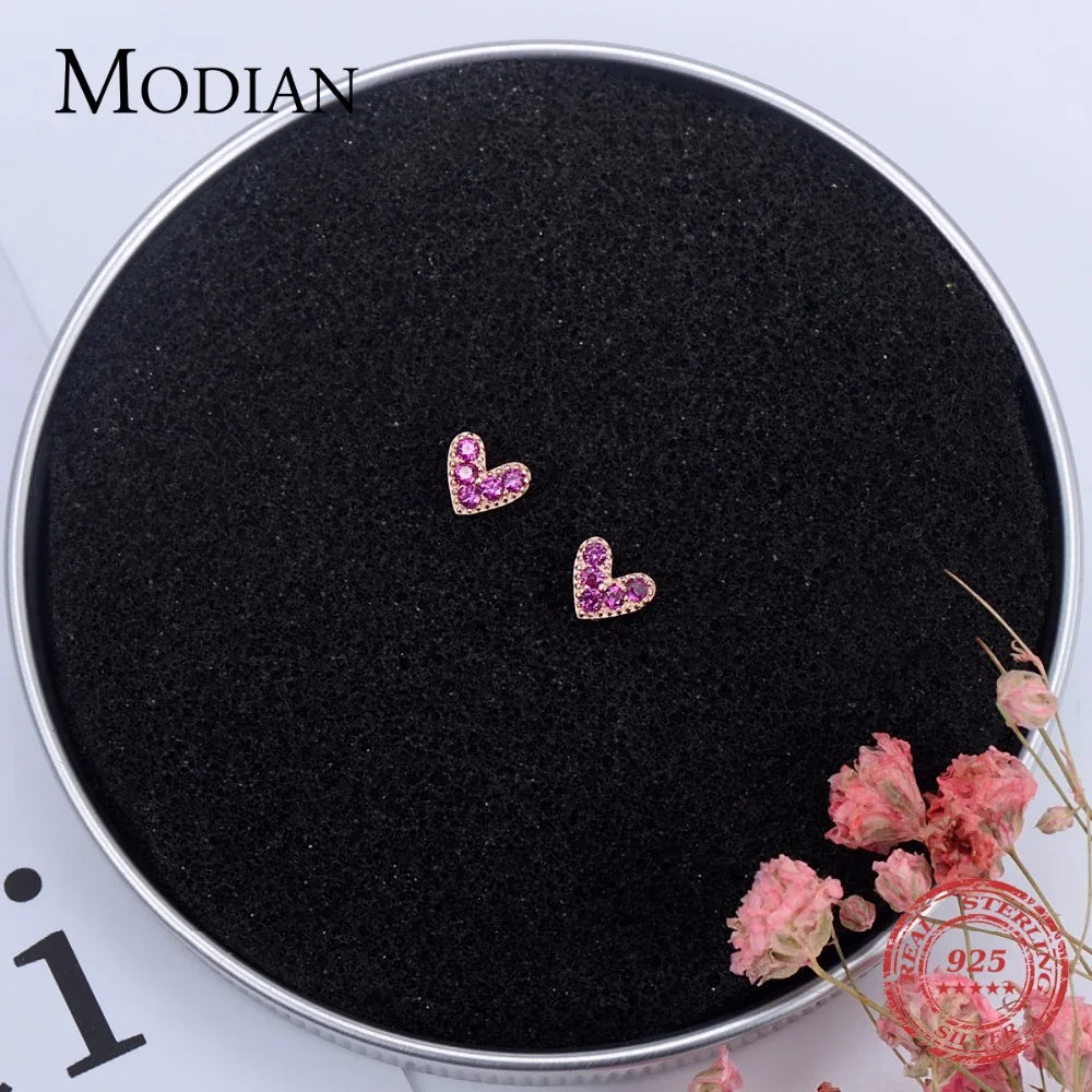 Modian 925 Silver Heart Earrings - Rose Gold Pink CZ Simple