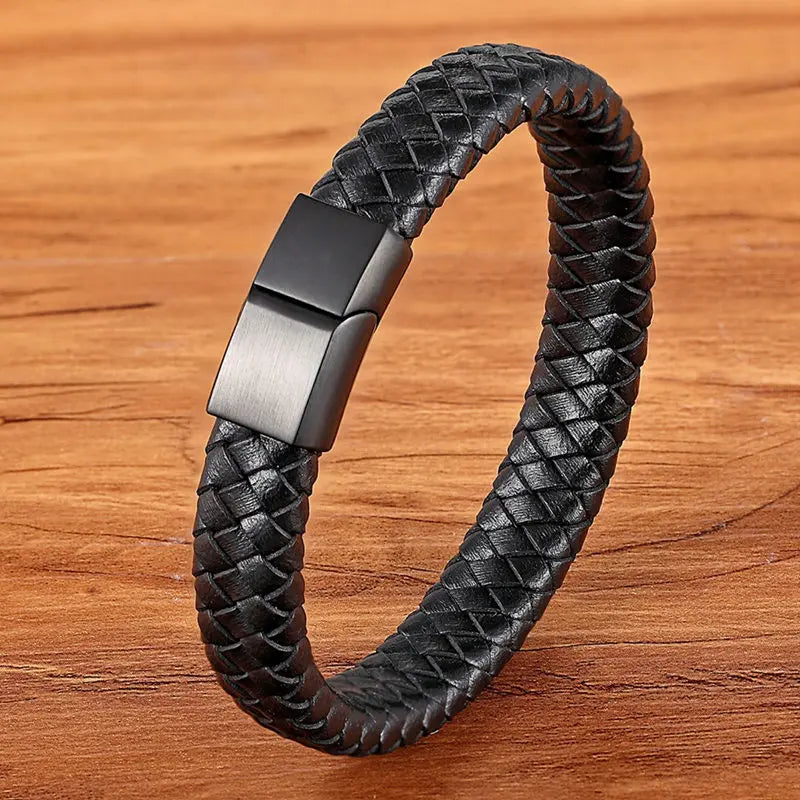TYO Magnetic Black Leather Bracelet - Braided Punk Rock Men's