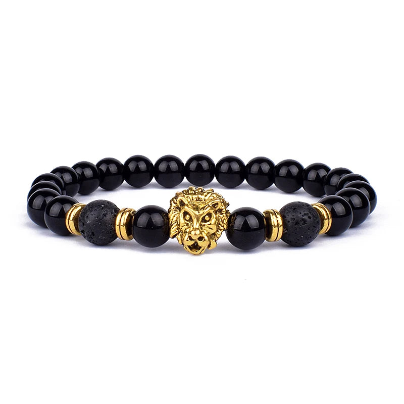 Fashion Obsidian Lion Head Bracelet - Lava Stone Zircon Prism