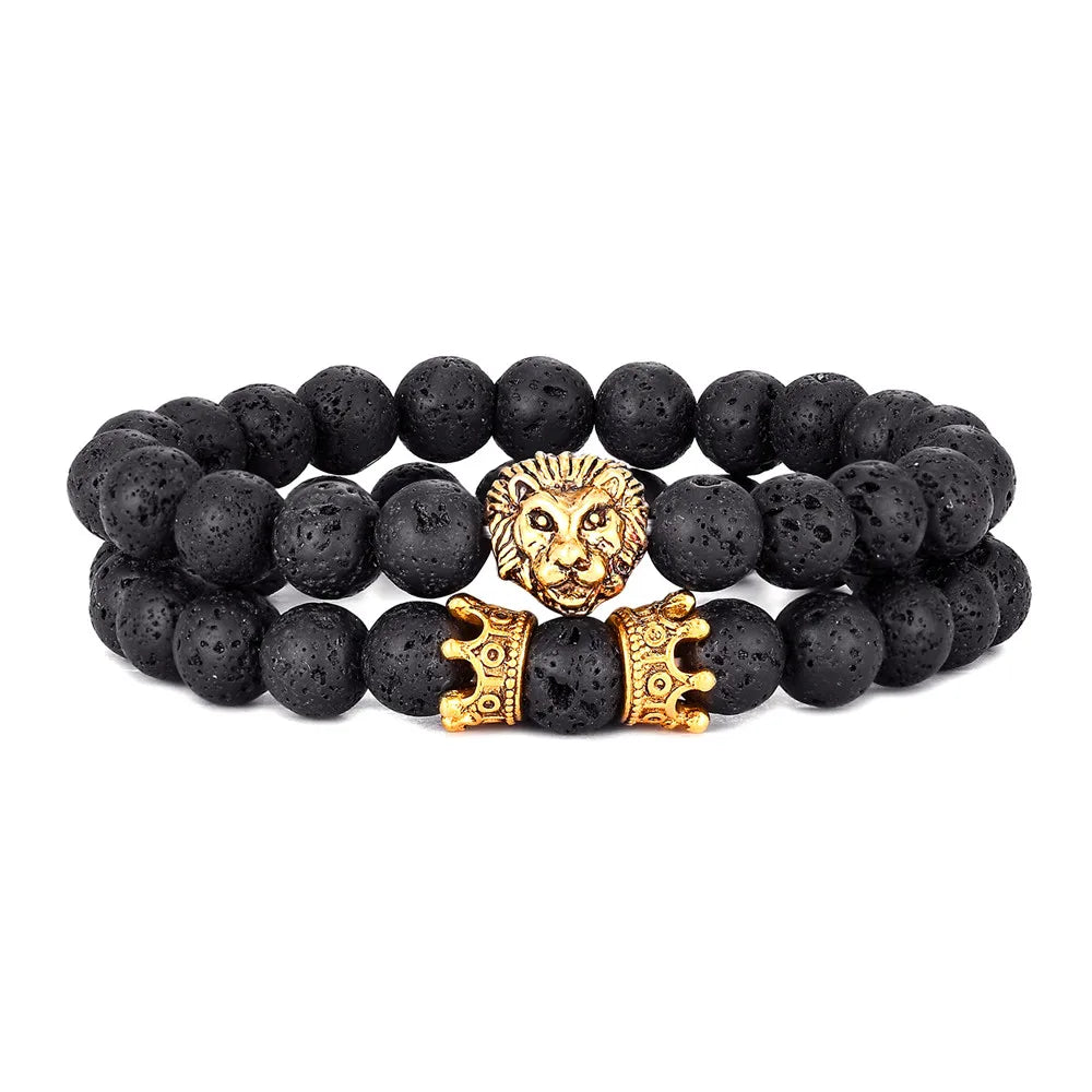 Vintage Lion Head & Crown Bracelet Set - 8mm Lava Stone 2PC