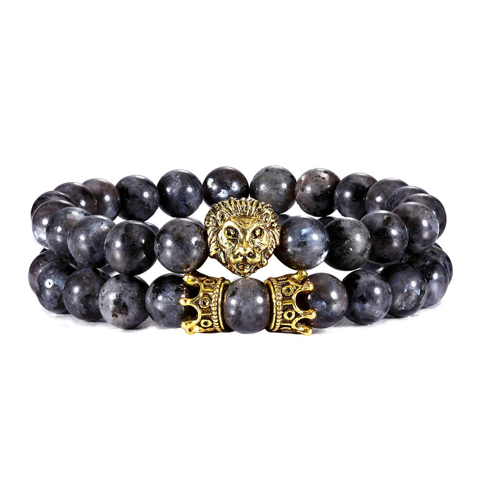 Vintage Lion Head & Crown Bracelet Set - 8mm Lava Stone 2PC