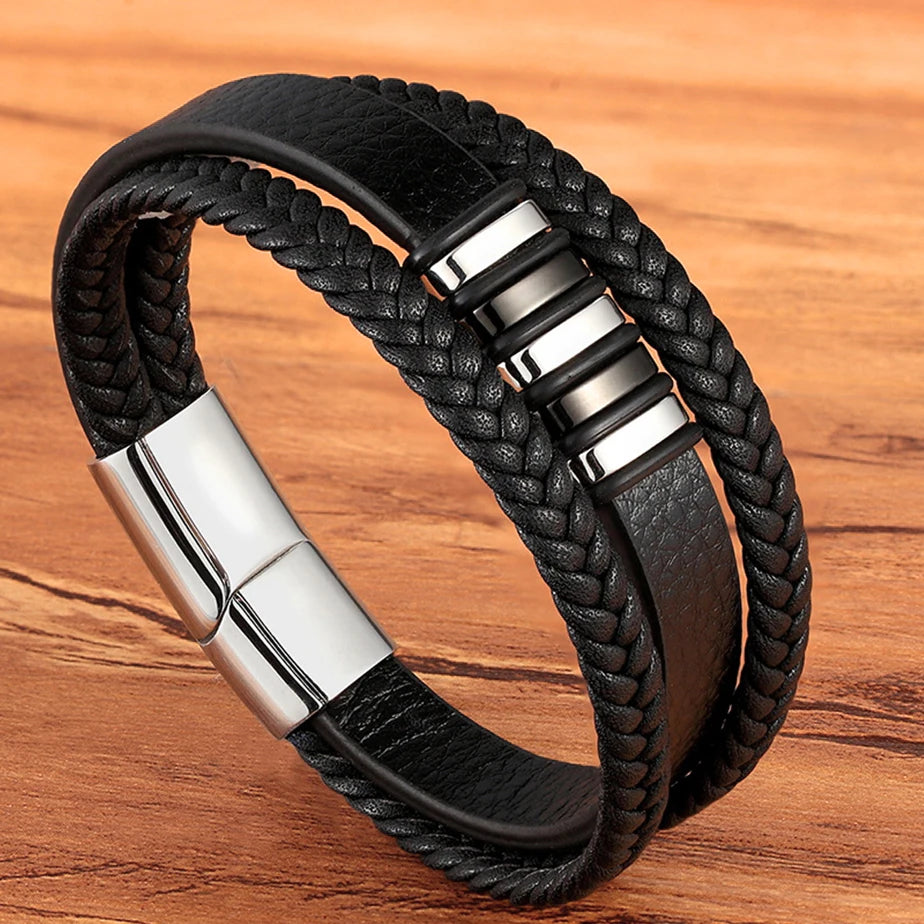 TYO Magnetic Black Leather Bracelet - Braided Punk Rock Men's