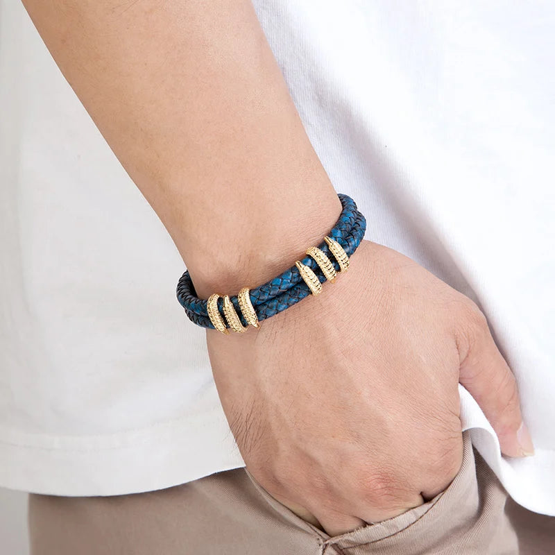 MKENDN Punk Blue Braided Leather Bracelet - Dragon Claw Men's