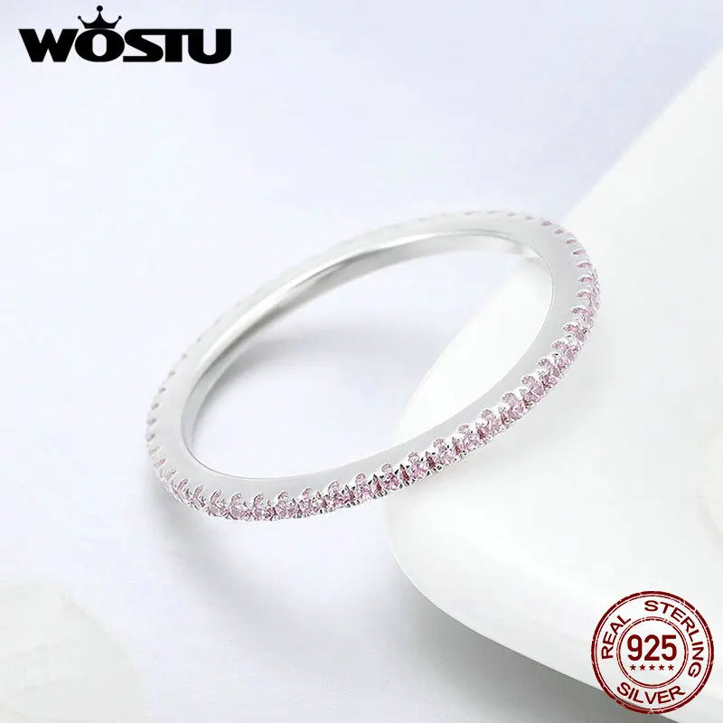 WOSTU 925 Silver Pink CZ Ring - Stackable Circle Design