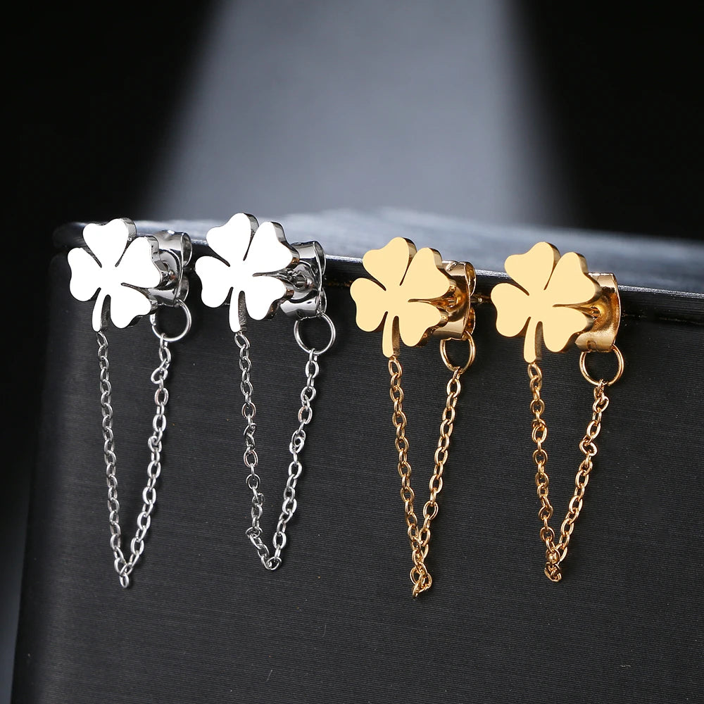 Stainless Steel Clover Earrings - Fashion Tassel Chain