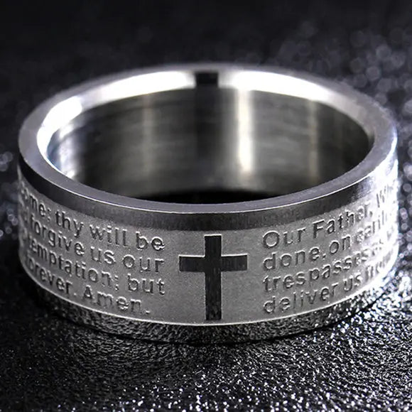 Christian Cross Bible Ring - Titanium Steel Engraved
