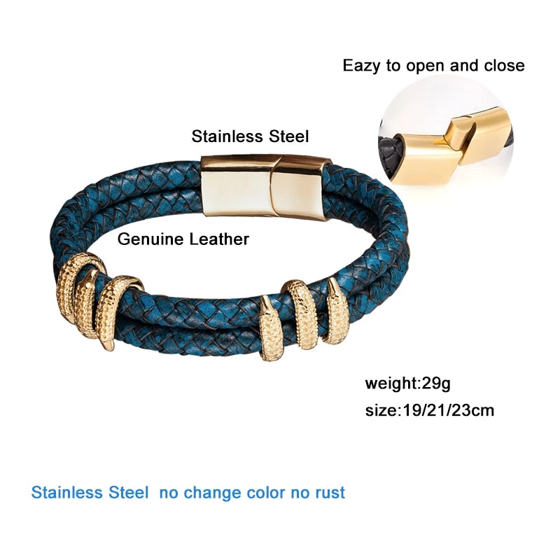 MKENDN Punk Blue Braided Leather Bracelet - Dragon Claw Men's