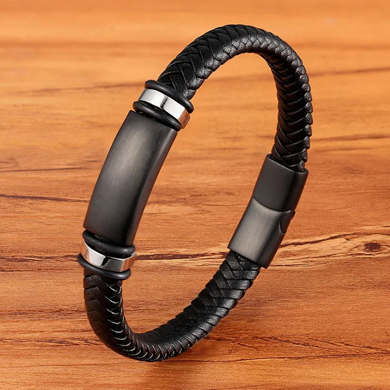 TYO Magnetic Black Leather Bracelet - Braided Punk Rock Men's