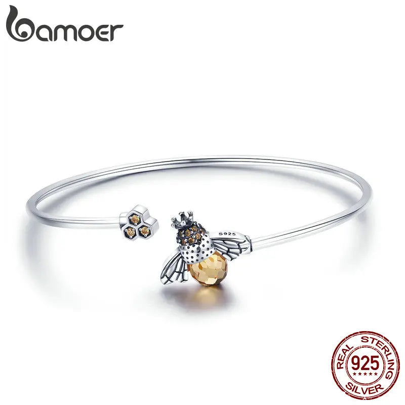 BAMOER 925 Silver Yellow Bee Bangle - Crystal Cute Insect
