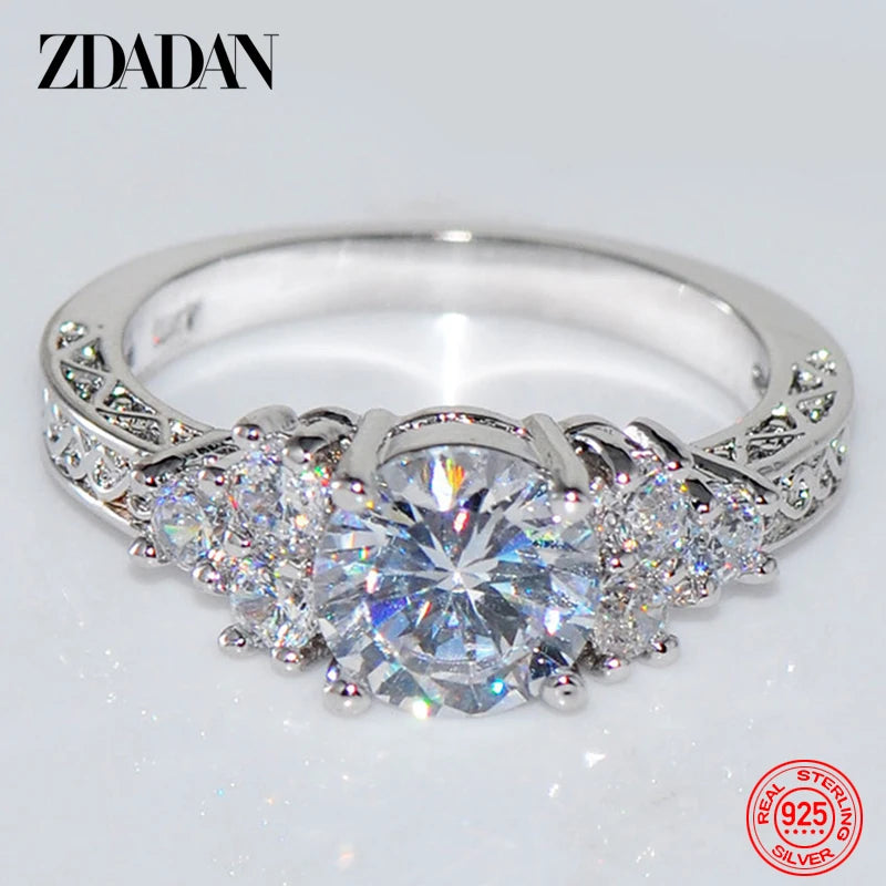 ZDADAN 925 Silver 8MM Zircon Ring - Fashion Wedding Band