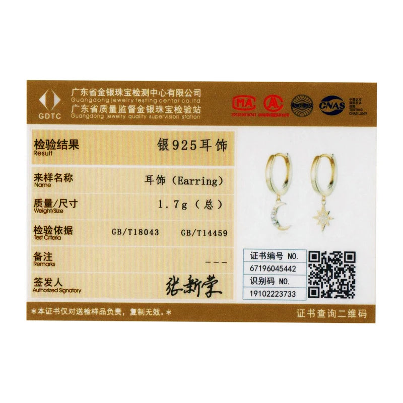 BAMOER 925 Silver Moon & Star Dangle Earrings - Gold Plated