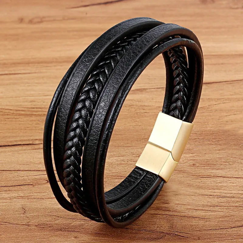 TYO Magnetic Black Leather Bracelet - Braided Punk Rock Men's