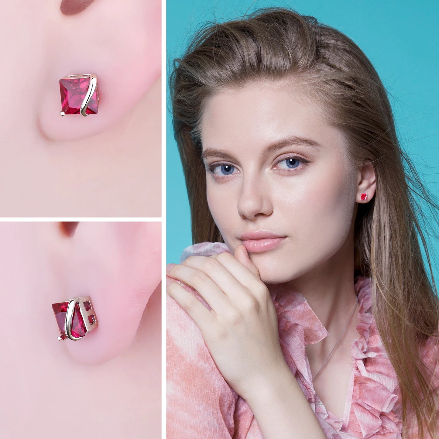 JewelryPalace Square Red Ruby Stud Earrings - 925 Silver Created