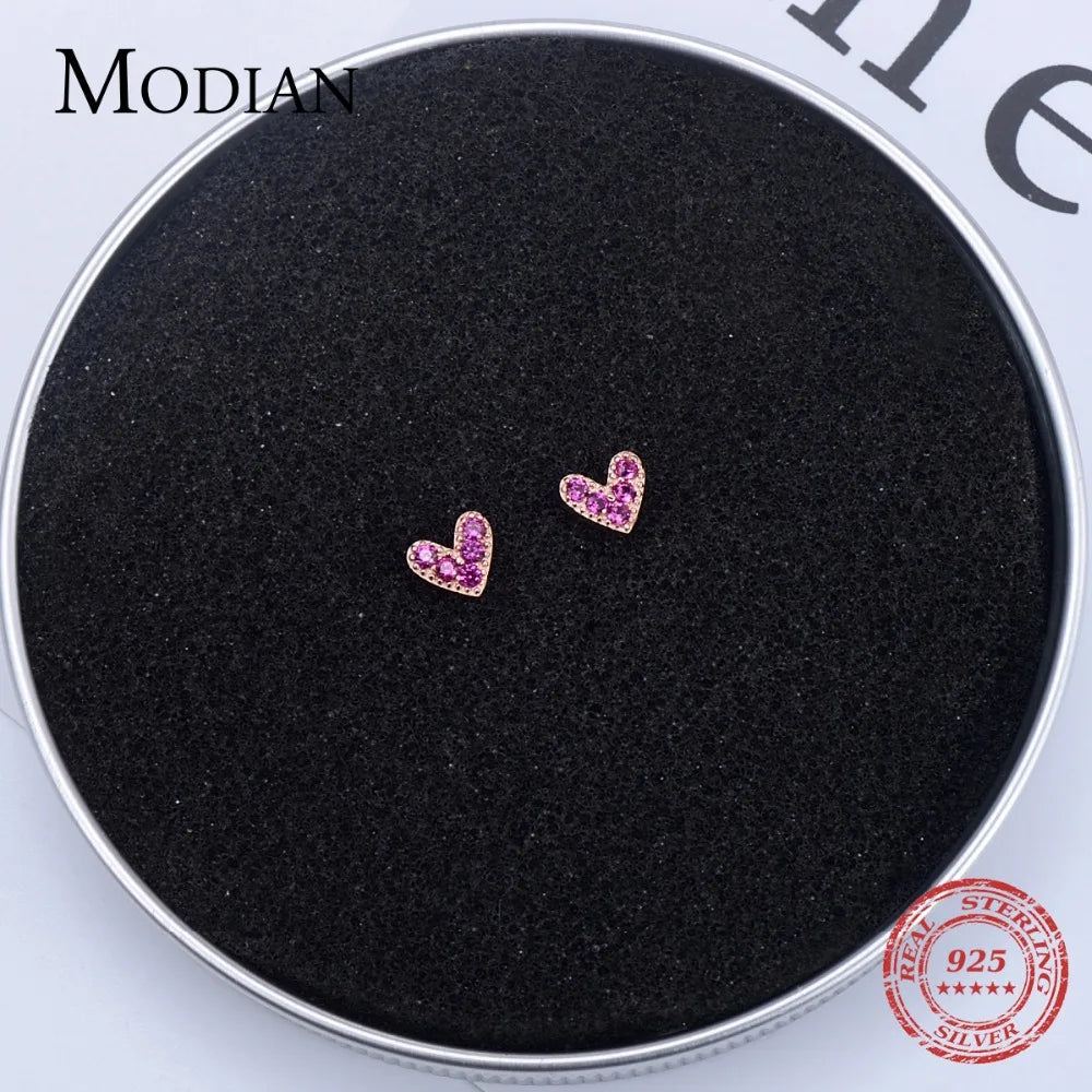 Modian 925 Silver Heart Earrings - Rose Gold Pink CZ Simple