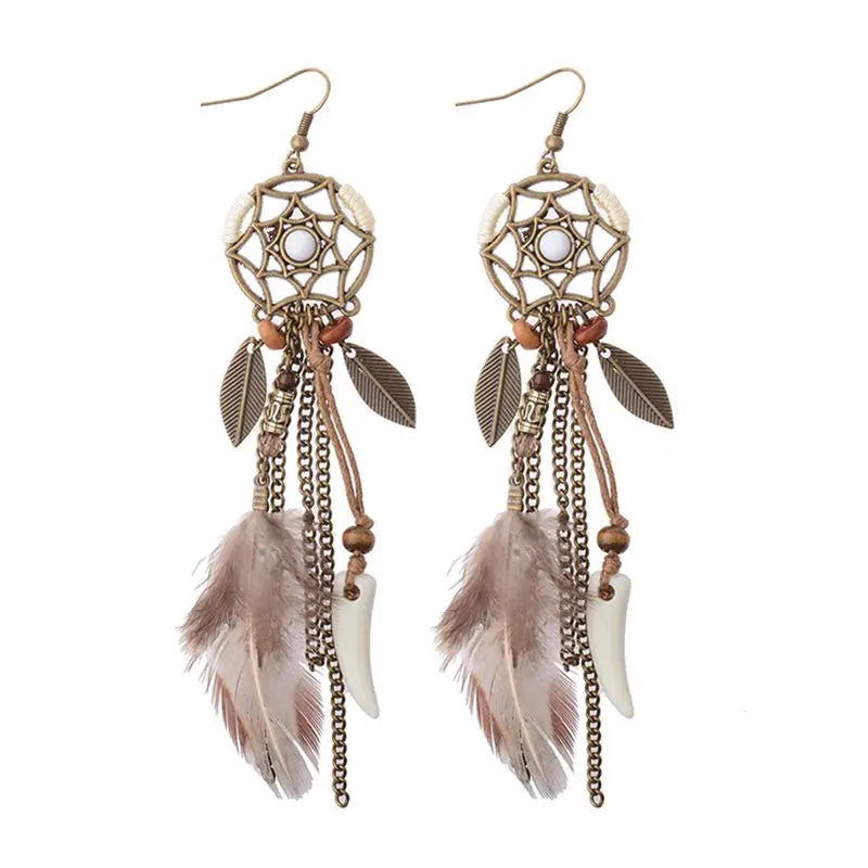 Dream Catcher Feather Earrings - Handmade Boho Tassel